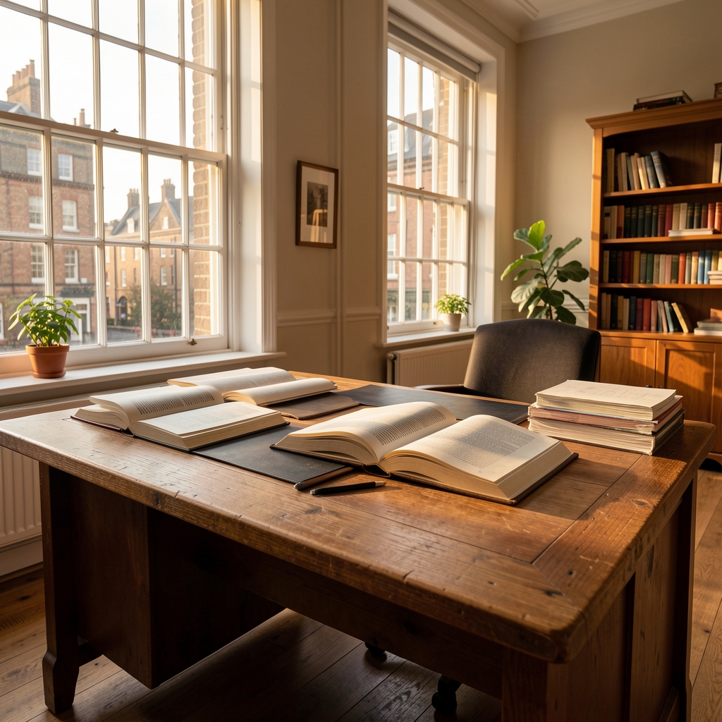 Editorial workspace with open notebooks, printed research articles and handwritten annotations spread across a light wood desk surface in natural window light