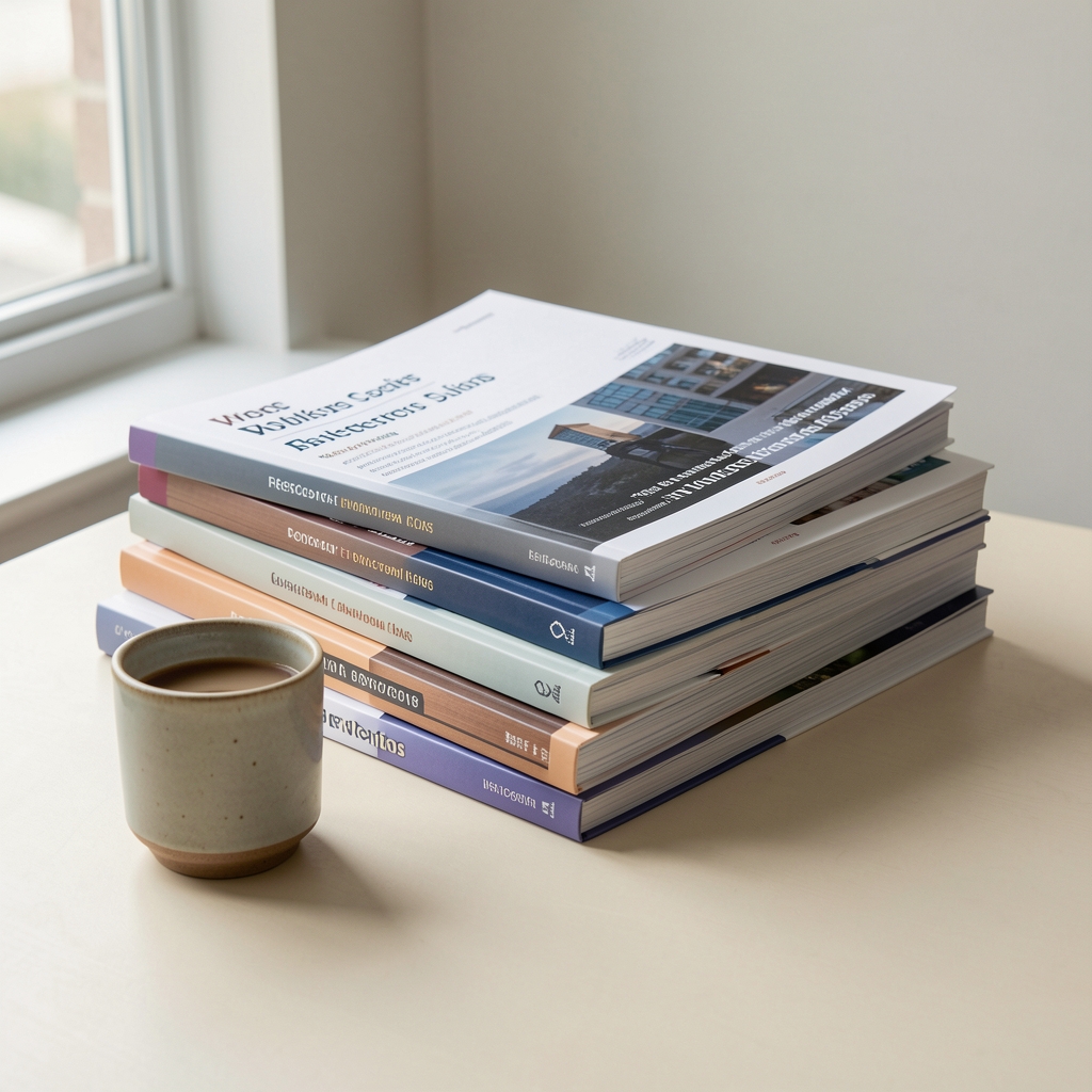 Stack of research publications and journals on a pale surface beside a ceramic cup, daylight from the left