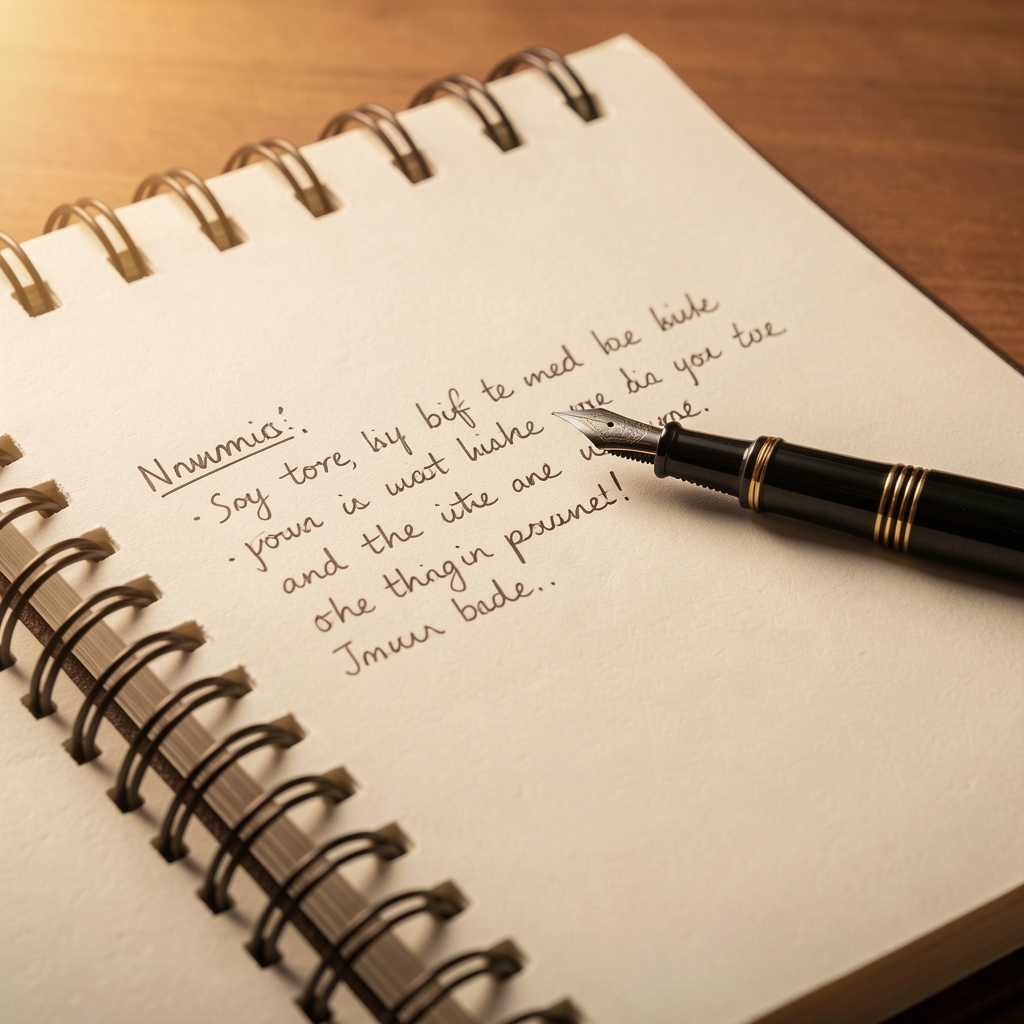 Close-up of handwritten editorial notes in a spiral notebook, fountain pen resting across the page, warm studio lighting