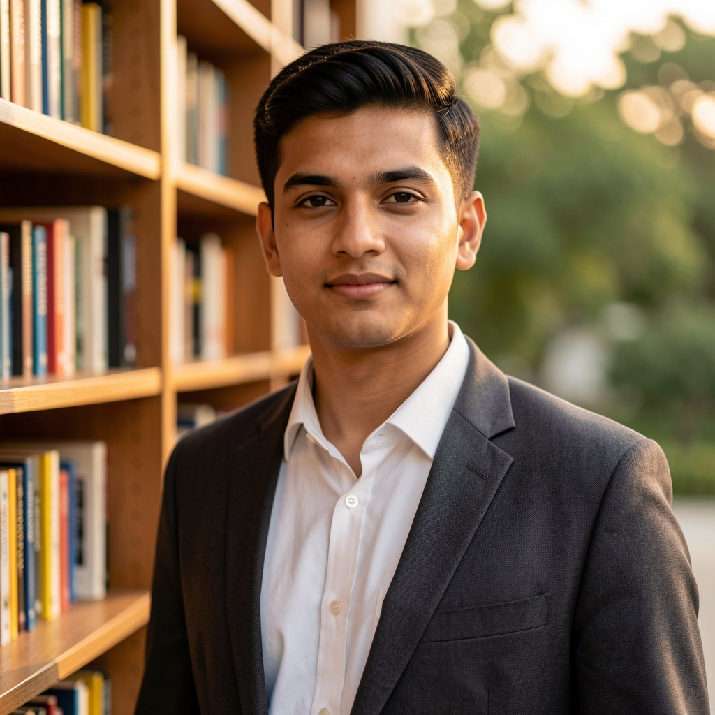 Editorial portrait of Tobias Marsden standing near a bookshelf with warm ambient lighting, candid composition
