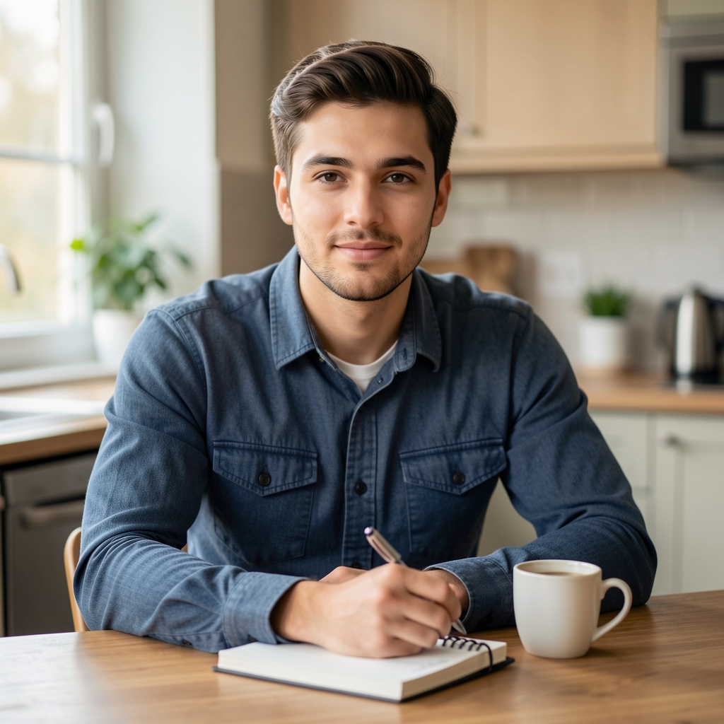 Editorial portrait of Harriet Caldwell at a kitchen table with a notebook and morning coffee, relaxed natural setting