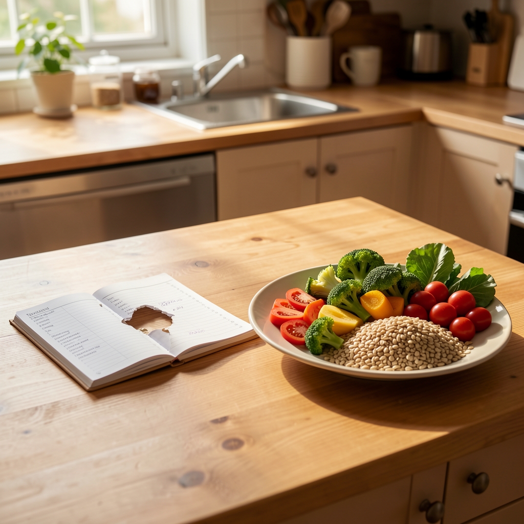 Discarded strict diet journal lying open on a kitchen table next to a simple plate of colourful fresh vegetables and whole grains in warm morning light