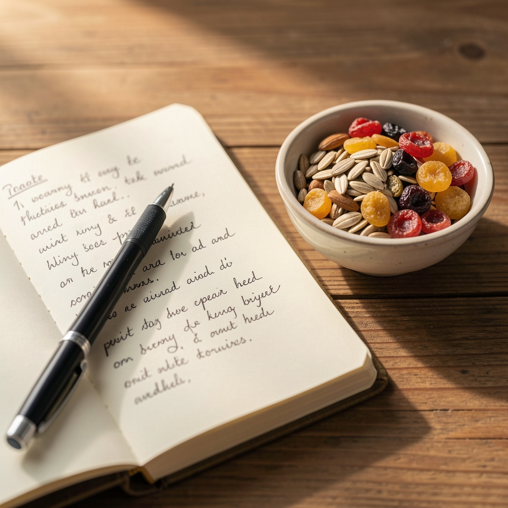 Close-up of handwritten journal notes with a pen resting on the page, beside a small bowl of mixed seeds and dried fruit on a wooden surface, warm natural light
