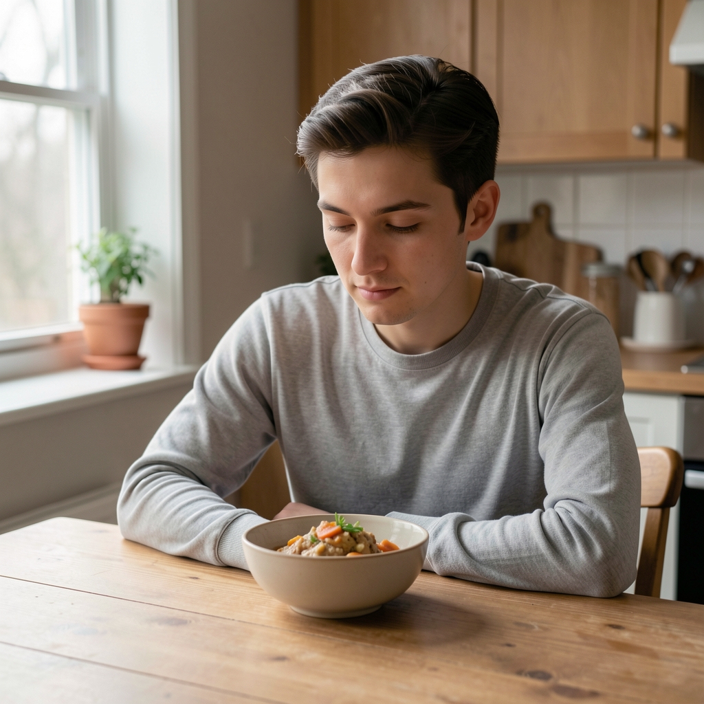 Person seated quietly at a wooden kitchen table with a simple bowl of food in front of them, looking down with calm attention in soft natural morning light from an adjacent window
