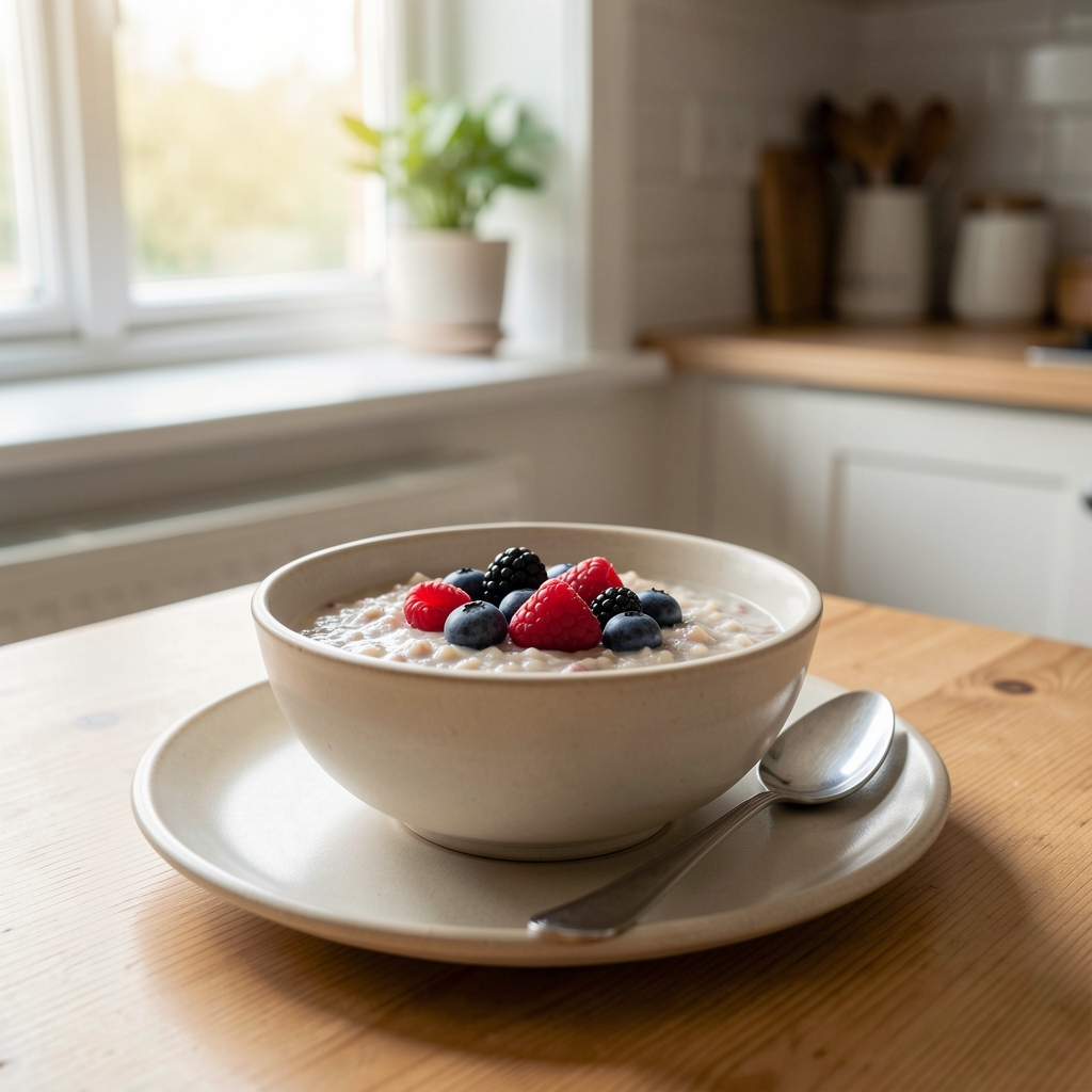 Simple breakfast setting with a bowl of porridge topped with fresh berries and a spoon resting on a pale ceramic plate, morning light through a kitchen window