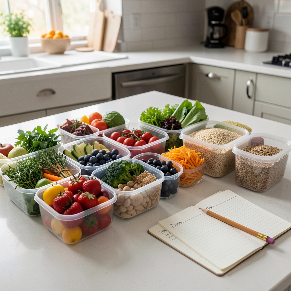 Neatly arranged weekly meal preparation containers on a kitchen counter filled with colourful whole foods, herbs and grains, alongside a handwritten meal plan notepad with a pencil