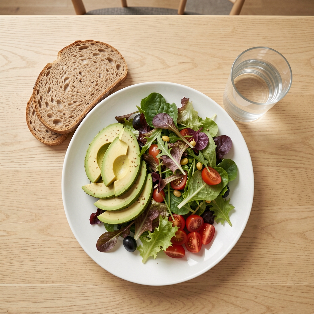 Overhead view of a varied lunch spread with whole grain bread, avocado, mixed salad leaves and a glass of water on a pale oak dining table, diffused afternoon light