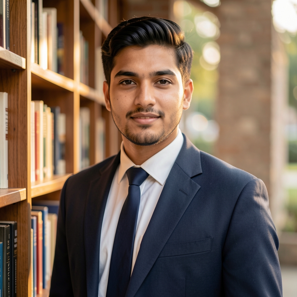 Editorial portrait of Tobias Marsden, standing near a bookshelf with warm ambient lighting, candid composition