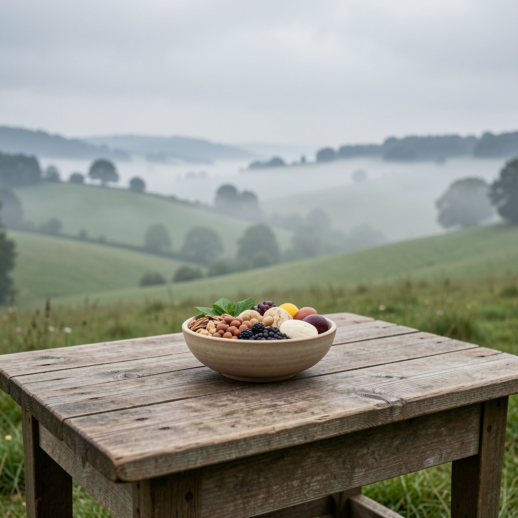 Early morning countryside scene with mist over rolling green hills and a wooden farm table set with a simple bowl of whole foods, soft overcast daylight