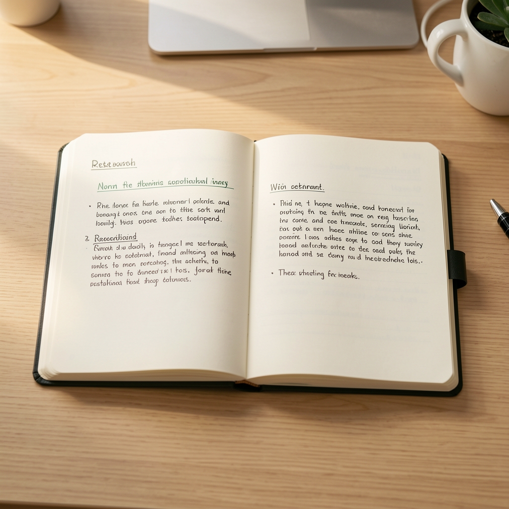 Open research notebook on a clean wooden desk with natural daylight, notes on nutritional sustainability