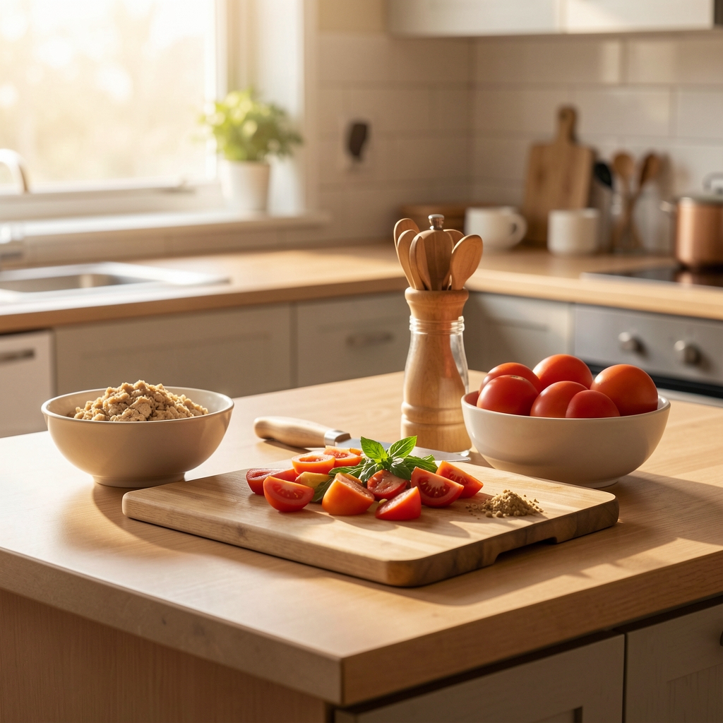 Simple meal preparation on a kitchen counter in warm morning light, whole ingredients arranged neatly