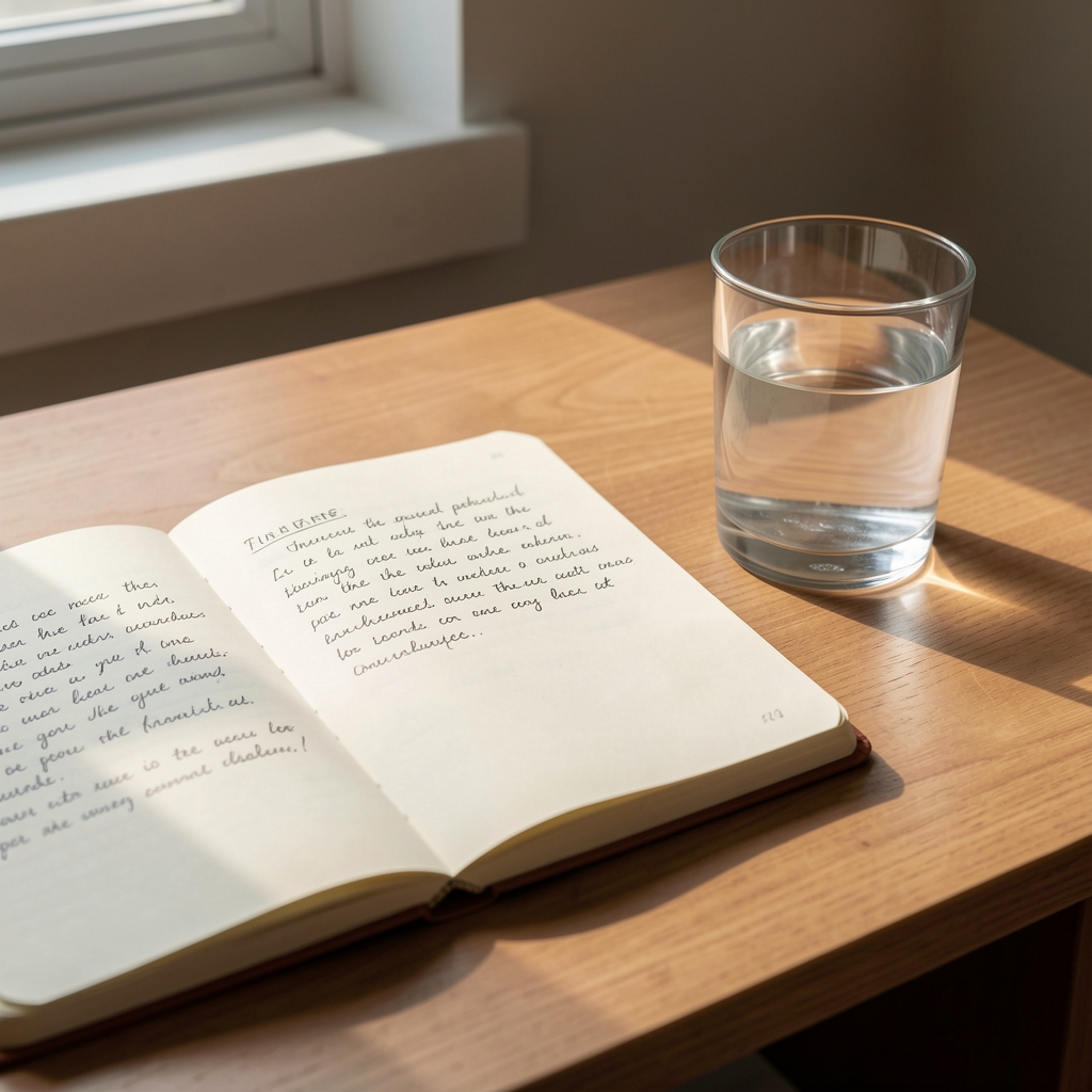 Handwritten journal open beside a glass of water on a quiet desk, afternoon light casting soft shadows